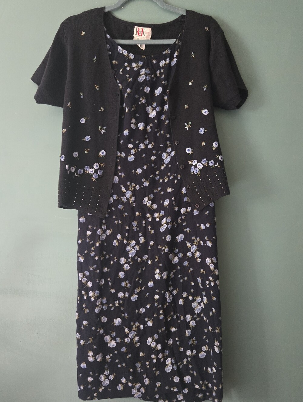 Navy Blue Cottagecore 1990s Floral Shirt Dress Sweater Set